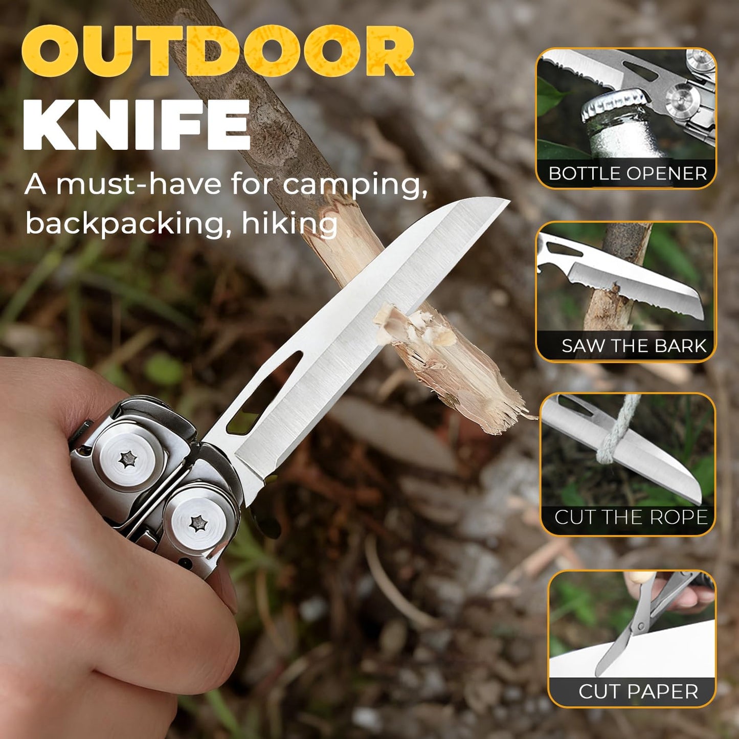 Elvesoar 21-in-1 Stainless Steel Multitool, Self-Locking EDC Multi Tool with Needle Nose Pliers, Pocket Knife, 2 Screwdriver Bits, Saw, Sheath & Fire Starter - 10.3oz, Camping Gifts for Men