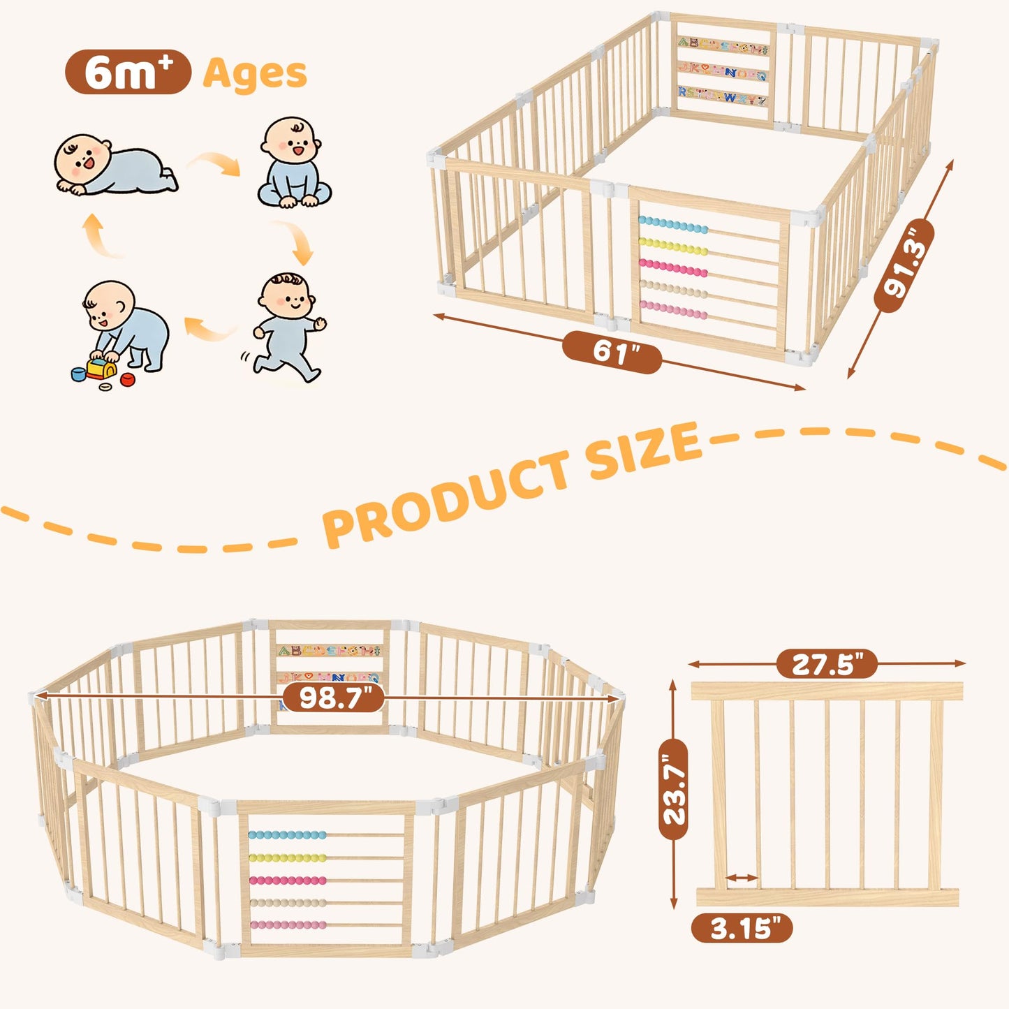 COCO DESIGN Baby Wooden Playpen, 10 Panel Foldable Play Yard with Door Panel and Built-in Toys, Adjustable Size & Shape Portable Play Yard for Babies and Toddlers (10 Panels)