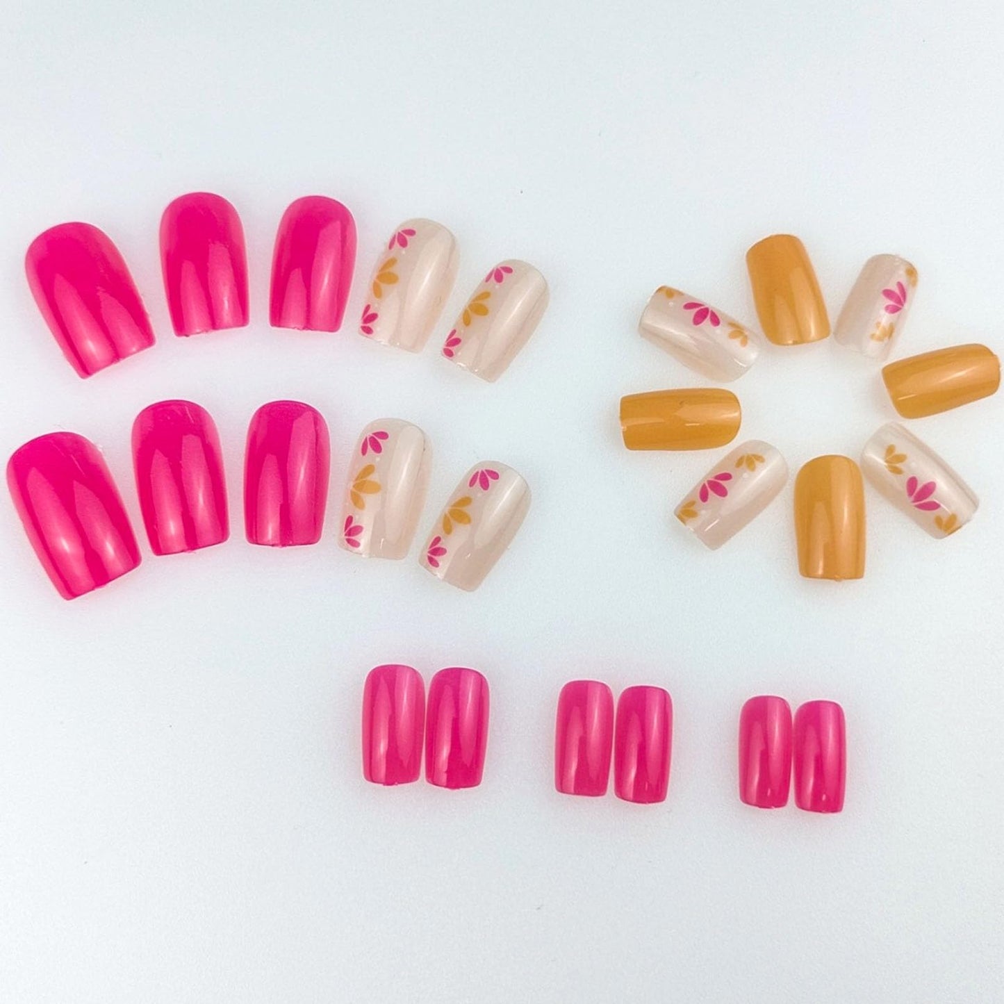 Square Press on Nails Short Fake Nails with Flower Floral Designs Nails Press ons Pink Brown Glue on Nails Glossy Acrylic Nails Simple False Nails Spring Summer Stick on Nails for Women 24 Pcs