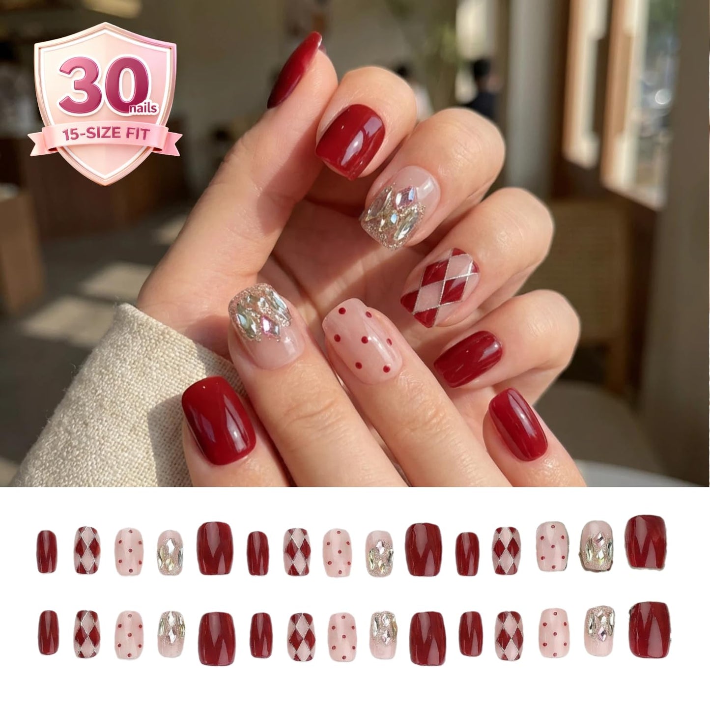Red Nude Press On Nails with Argyle & Polka Dot Design, Glossy Wine Red Square False Nails, Elegant Short Medium Fake Nails for Women, 30PCS Set (The sizing runs small)