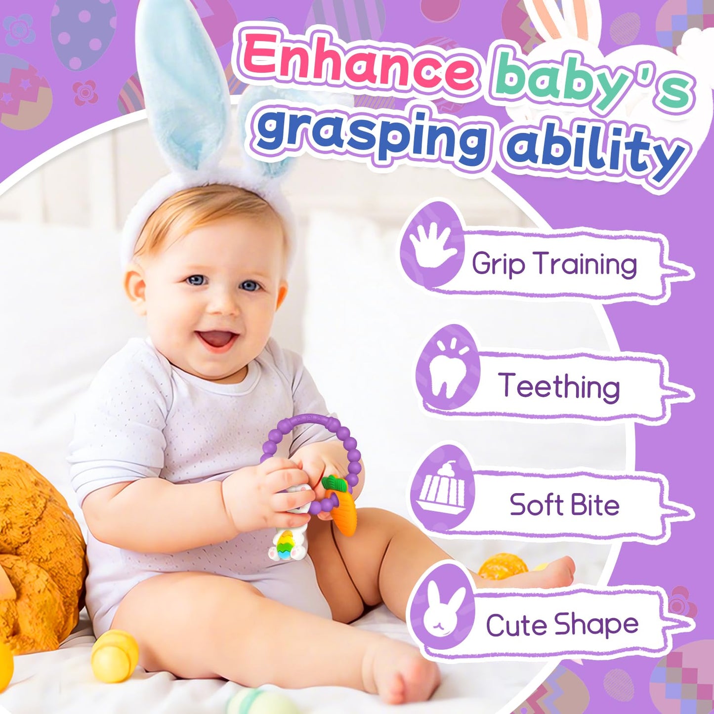 Teething Toys for Babies 3-6 Months, Tinabless Baby Easter Teether Silicone Chew Toys Easter Basket Stuffers for Baby 6-12 Months Infant Teething Toys Easter Gifts Boys Grils Bunny Carrot (Purple)