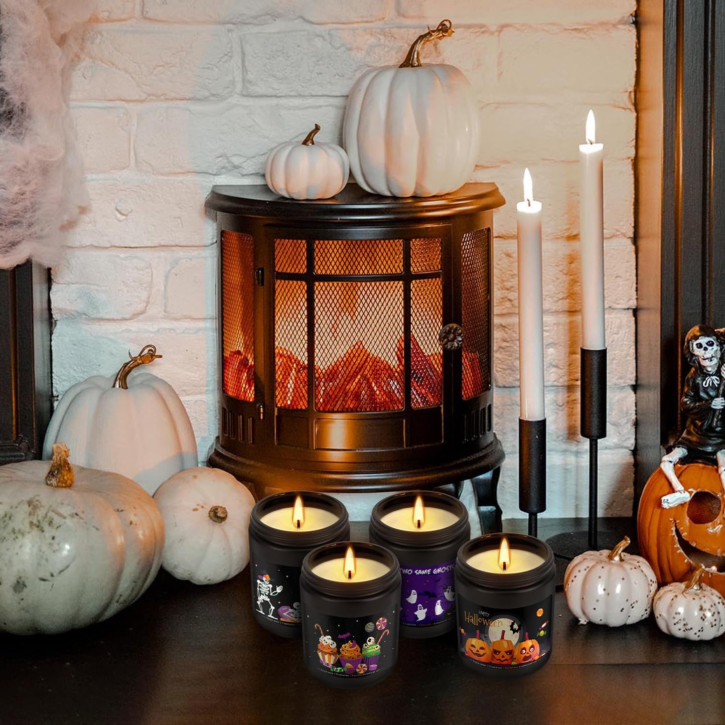 Wfmolcand Halloween Scented Candles Set, 4 Pack (7oz Each) Soy Wax Candles with Pumpkin, Ghost, Skeleton Designs, Perfect for Halloween Decor, Gifts and Aromatherapy.