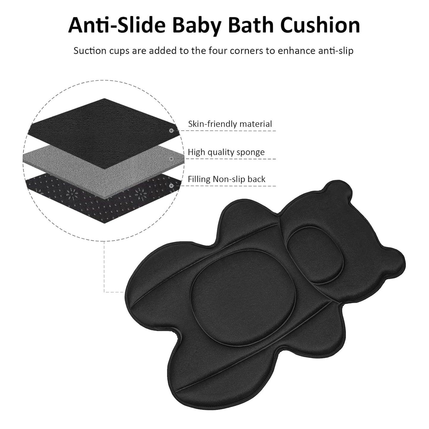 Ihaapsi Infant Baby Bath Cushion,Fits Inside Most Baby Bathtubs, Breathable Soft Baby Bath Support Seat,Baby Bath Pad Bath Pillow for Bathtub,Newborn Bath Mat with 4 Suction Cups (Black)