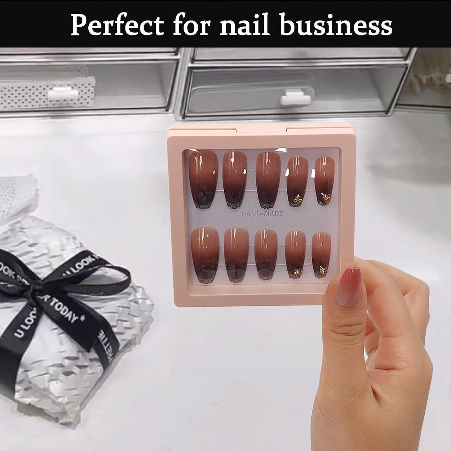GUXACU Press On Nail Packaging Boxes - 3D Floating Storage and Display Box With 60pcs Double Sided Adhesive Tape for Nail Tech (Pink, 3.5 Inch)