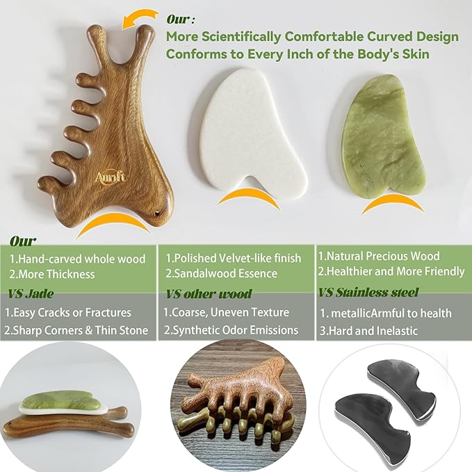 4-in-1 Gua Sha Tool for Face & Body, Natural Green Sandalwood – Lymphatic Drainage, Jaw Lifting & Nose Sculpting, Head Massage Comb for Stress Relief, Home Office Self Care Gifts for Mom Girl Friend