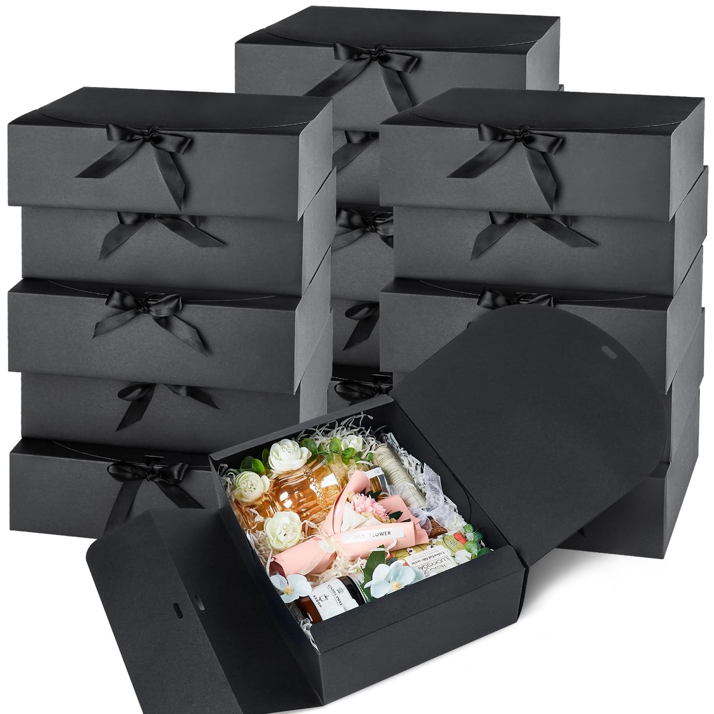 Kucoele 15 PCS Gift Boxes with Lids, 10.6 x 7.8 x 3.1 Inches Bridesmaid Gift Boxes, Black Proposal Boxes with Ribbons for Wedding, Birthday, Graduation Present Packaging
