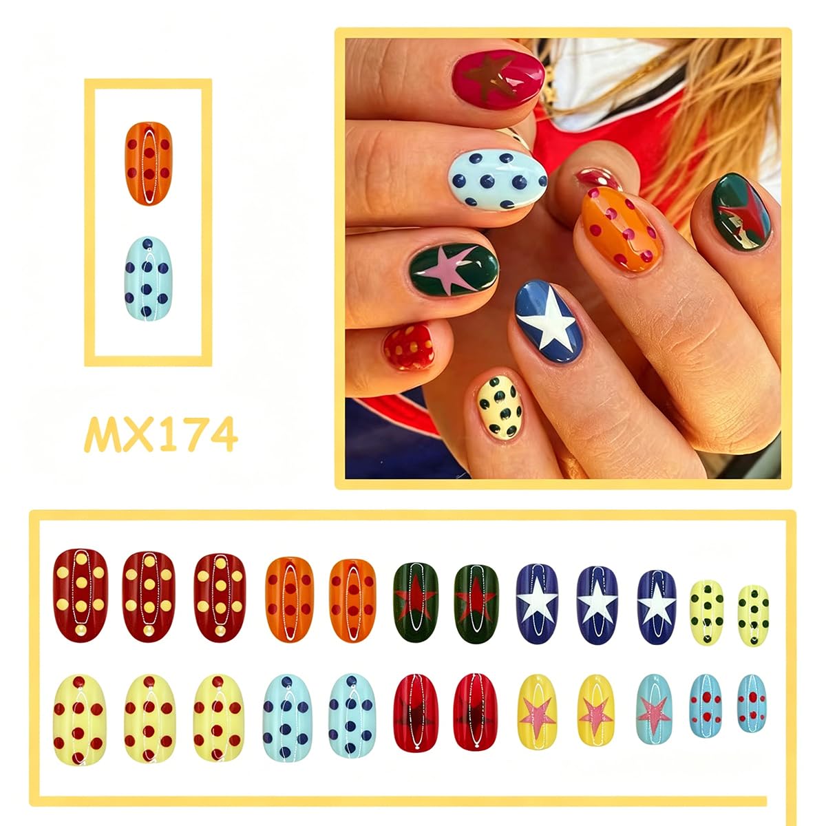 Oval Press on Nails Short, Colorful Star & Polka Dot Fake Nails Y2K Retro Style, Multicolor Full Cover Acrylic False Nails press ons for Women Girls, Cute Mix & Match Design 24Pcs
