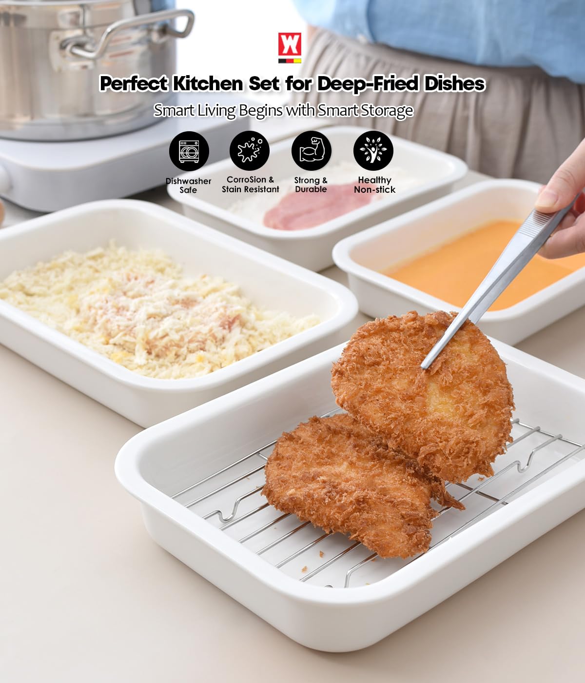 Wagensteiger Ceramic Roasting Pan, Baking Dish with Stainless Steel Rack, Non Stick Chicken Roaster Pan, Microwave or Conventional Oven Cooking, Food Prep Tools, White Color (White, 2.94 Quarts)