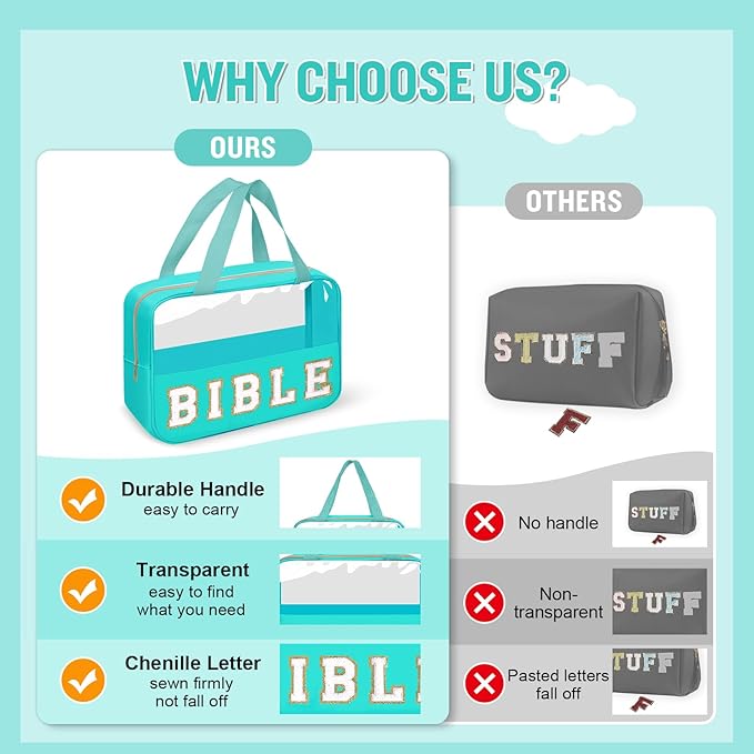 Chenille Letter Bible Bag Case for Girls,Large Study Supplies Church Bag Cover Purse Fits All Bibles,Cute Preppy Christian Tote with Handle Zipper Bible Accessories Gifts for Women(BIBLE-Green)