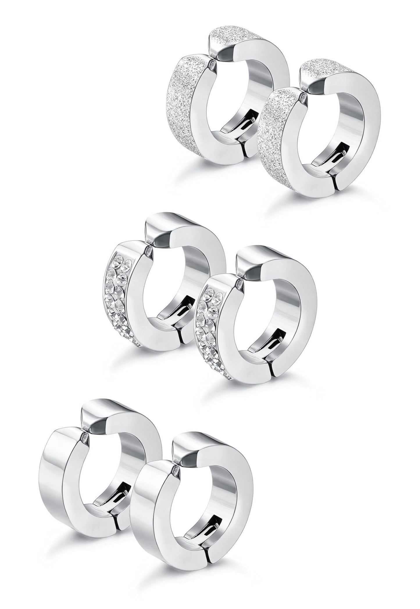 Jstyle 3 Pairs Stainless Steel Mens Womens Hoop Earrings Clip On CZ Non-Piercing S