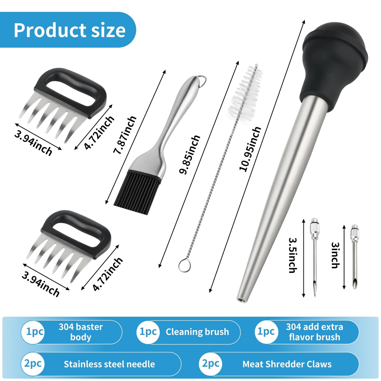 T-Raputa Turkey Baster Set – Includes Baster for Cooking, Barbecue Basting Brush,2 Meat Shredder Claws 2 Flavor Injector with Cleaning Brush– for Home Baking Kitchen Tool,Ideal Holiday Gift Great