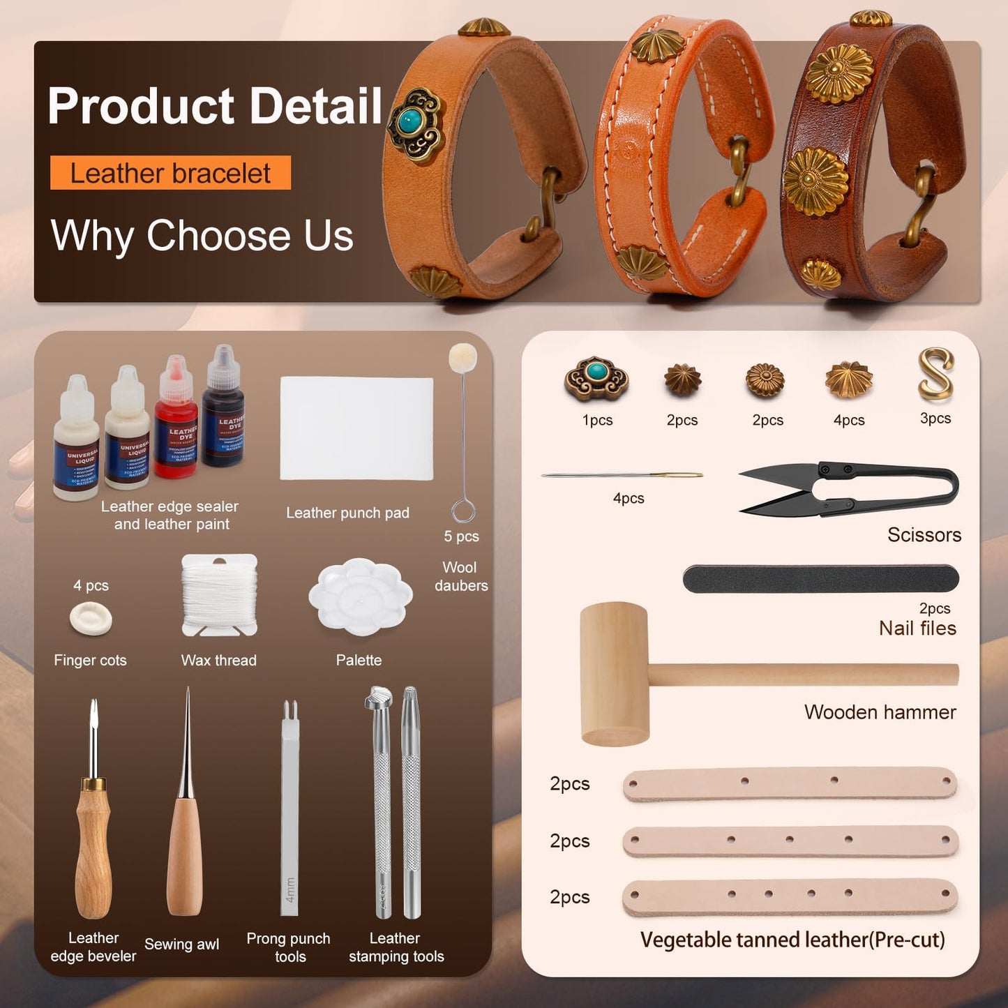CBHGFEA Leather Crafting Kit, Leather Working Kit, Craft Kits for Adults, Leather Crafting Tools with a Wristband Making Video Tutorial for DIY Beginners