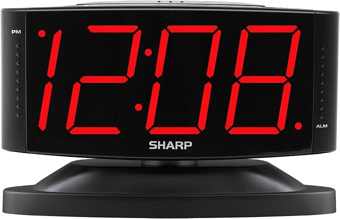 Sharp Outlet-Powered Alarm Clock with Swivel Base, Red LED and Dimmer | Outlet powered; Swivel base; Large red LED digits; Adjustable brightness; Snooze; Simple controls; Midnight Black
