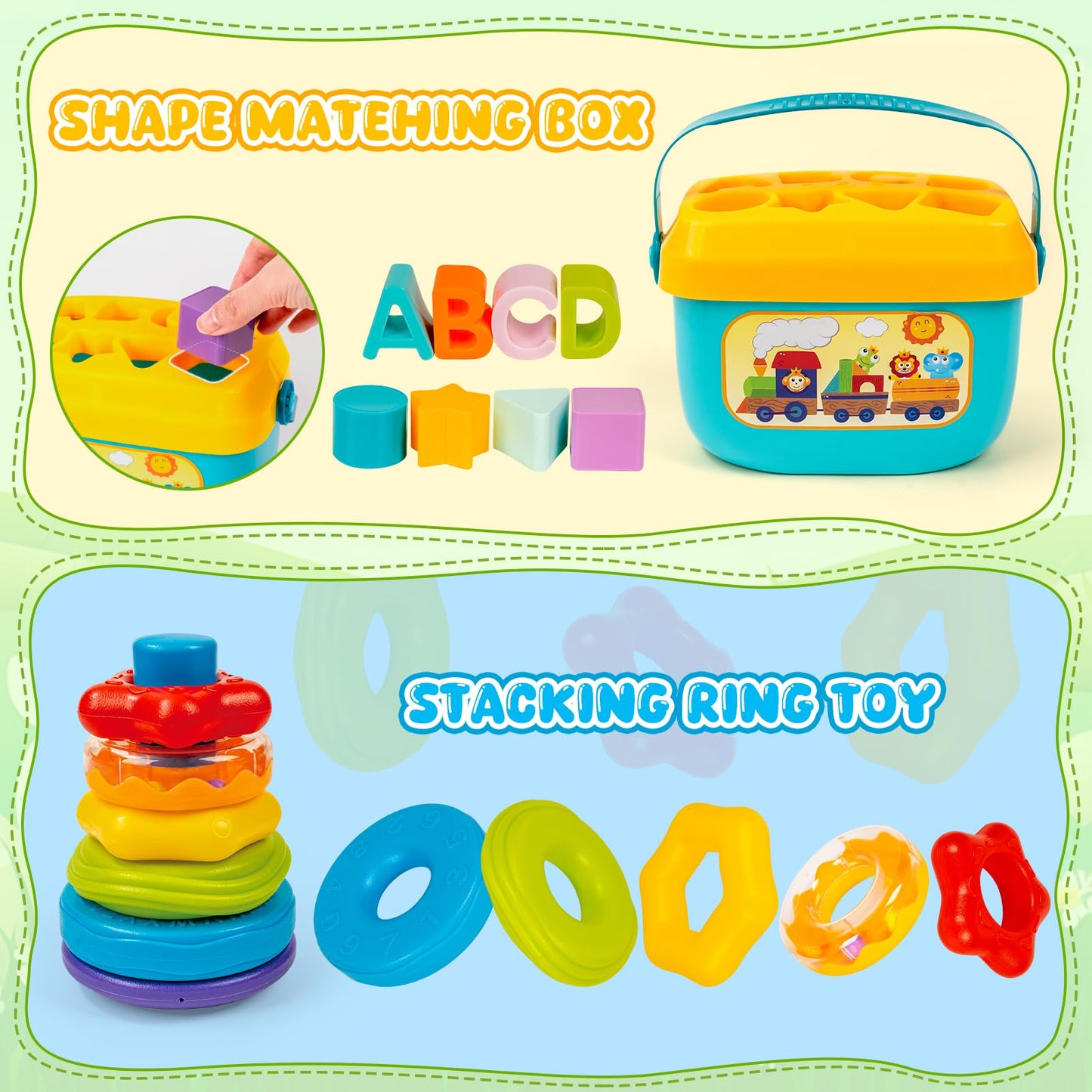 GJOF2YK Montessori Baby Toys for Ages 6–18 Months with Sensory Shape Sorter Matching Game Toy Stacking Ring Soft Building Blocks Developmental Learning Toys for Toddlers 1+ Year Old