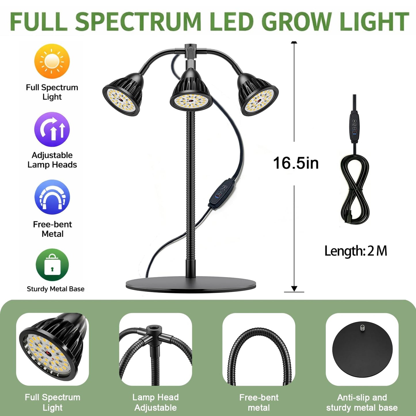 QCQHDU Grow Lights for Indoor Plants Full Spectrum,81 LED Triple-Bulb Plant Growing for Seed Starting Lamp with 3/9/12H Timer,Adjustable Gooseneck with Base,3 Switch Modes
