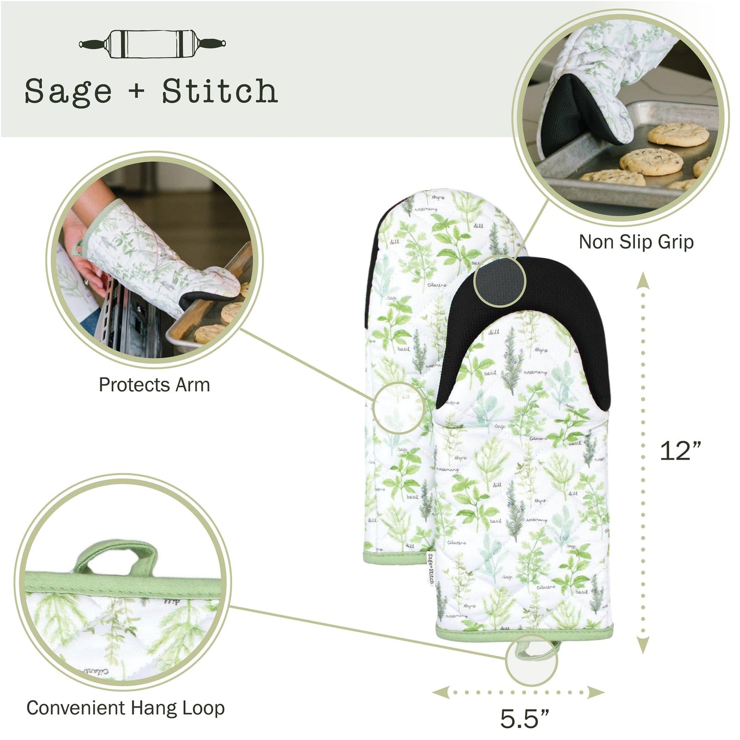 Sage+Stitch Heat Resistant Designer Kitchen Oven Mitts with Neoprene Non-Slip Grips and Hanging Loops | Set of 2 100% Cotton Long Sleeve Kitchen Oven Mitts | 5.5" x 12" | Green Herbs