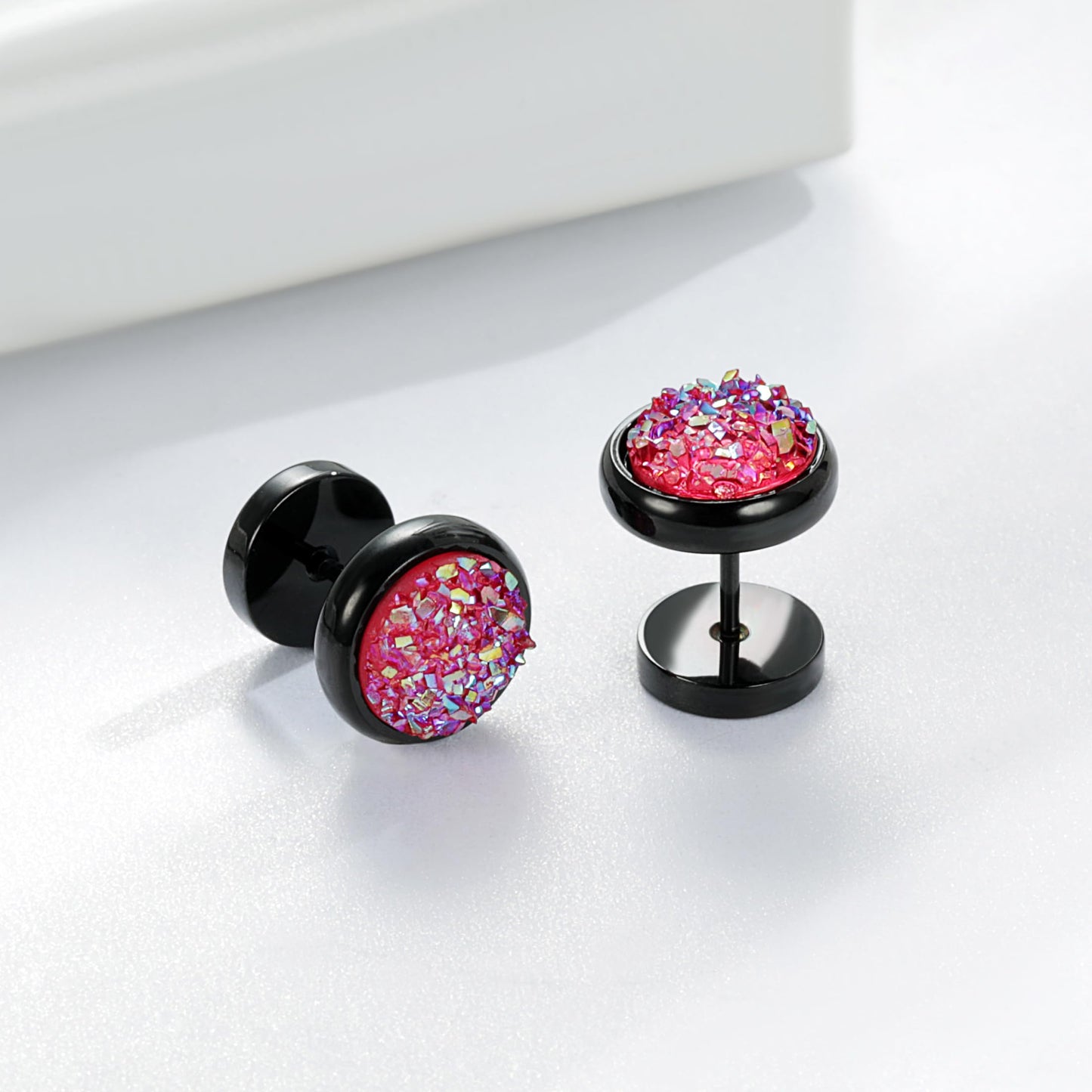Titanium Screw Flat Back Earrings Glitter Cheater Studs Big Barbell Dot Disc Hypoallergenic, Titanium, pink druzy