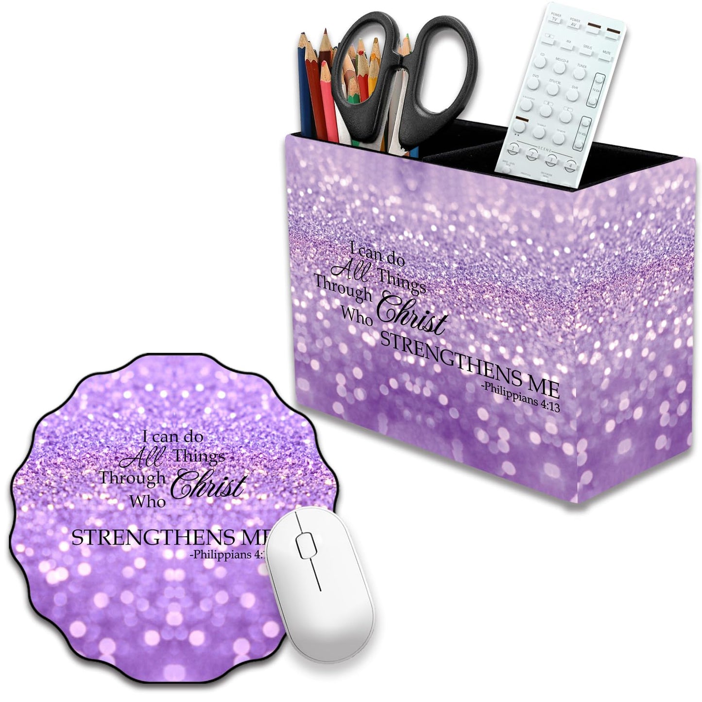 Pen Holder and Anti-Slip Mouse Pad Combination, Makeup Brush Storage Box, Tableware Storage Box, Suitable for Office and Home - Purple Glitter Quote Philippians 4-13