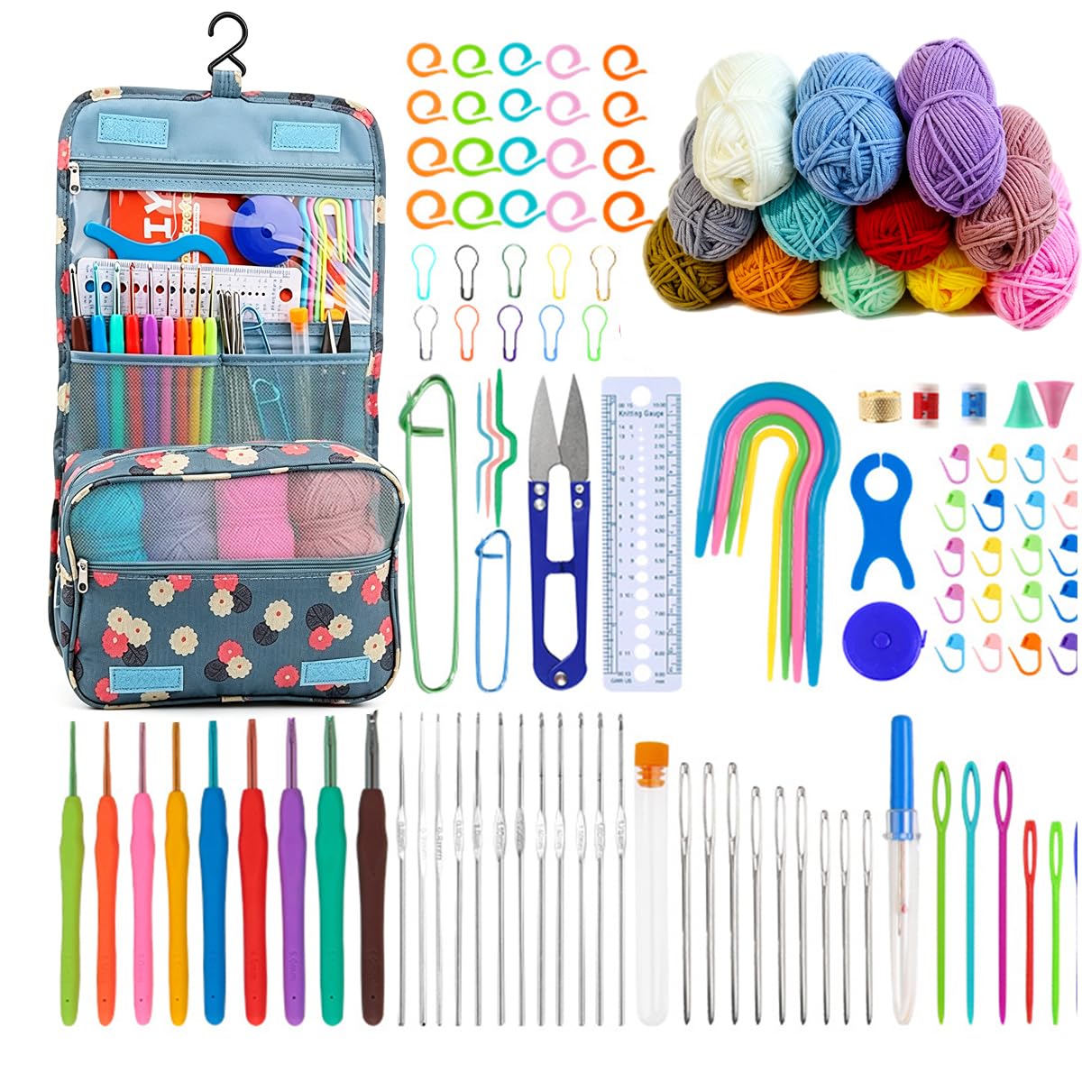 Hntess 118Pcs Crochet Kit for Beginners, Premium Knitting & Crochet Supplies Set with 12 Yarn Spools, 21 Crochet Hooks, 6 Sewing Needles & Storage Case, Complete Starter Crochet Kit for Adults Kids