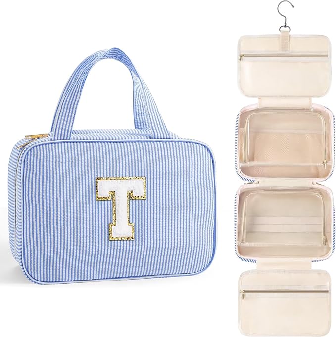 TOPEAST Hanging Toiletry Bag for Women - Travel Toiletry Bag Makeup Bag, Portable Toiletries Cosmetic Bag, Airplane Travel Essentials - Letter T, Blue