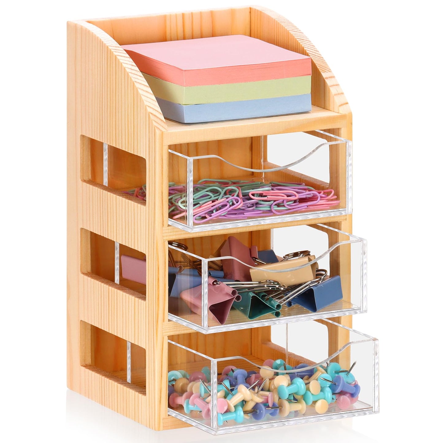 3 Drawer Desktop Accessory Storage Drawers Clear Desktop Organizer with Drawers Small Desk Organizer with Drawer Paper Clip and Binder Holder Wood Acrylic Sticky Note Holder 4.53"L x 4.1"W x 7.7"H