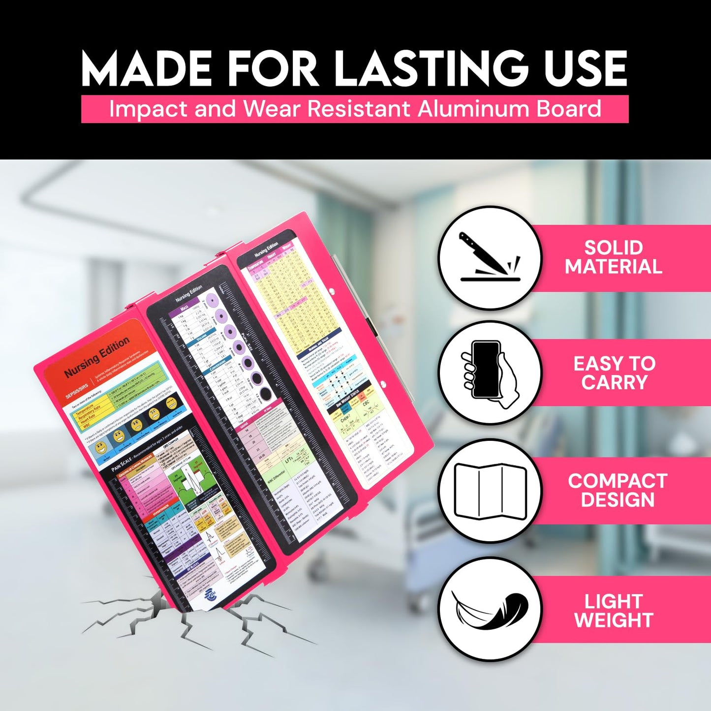 Nursing Clipboard Foldable with Medical Edition Cheat Sheets, 3 Layers Aluminum Foldable Clipboard for Nursing, Notepad for Students, Nursing School Essentials (Pink)