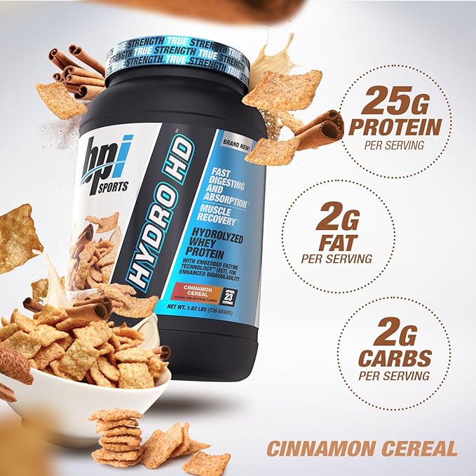 BPI Sports Hydro HD - 100% Hydrolyzed Whey Protein Powder - Muscle Growth, Recovery, 25g of Protein, Low Carb, Low Sugar, Fast Absorbing (68 Servings, Cinnamon Cereal)