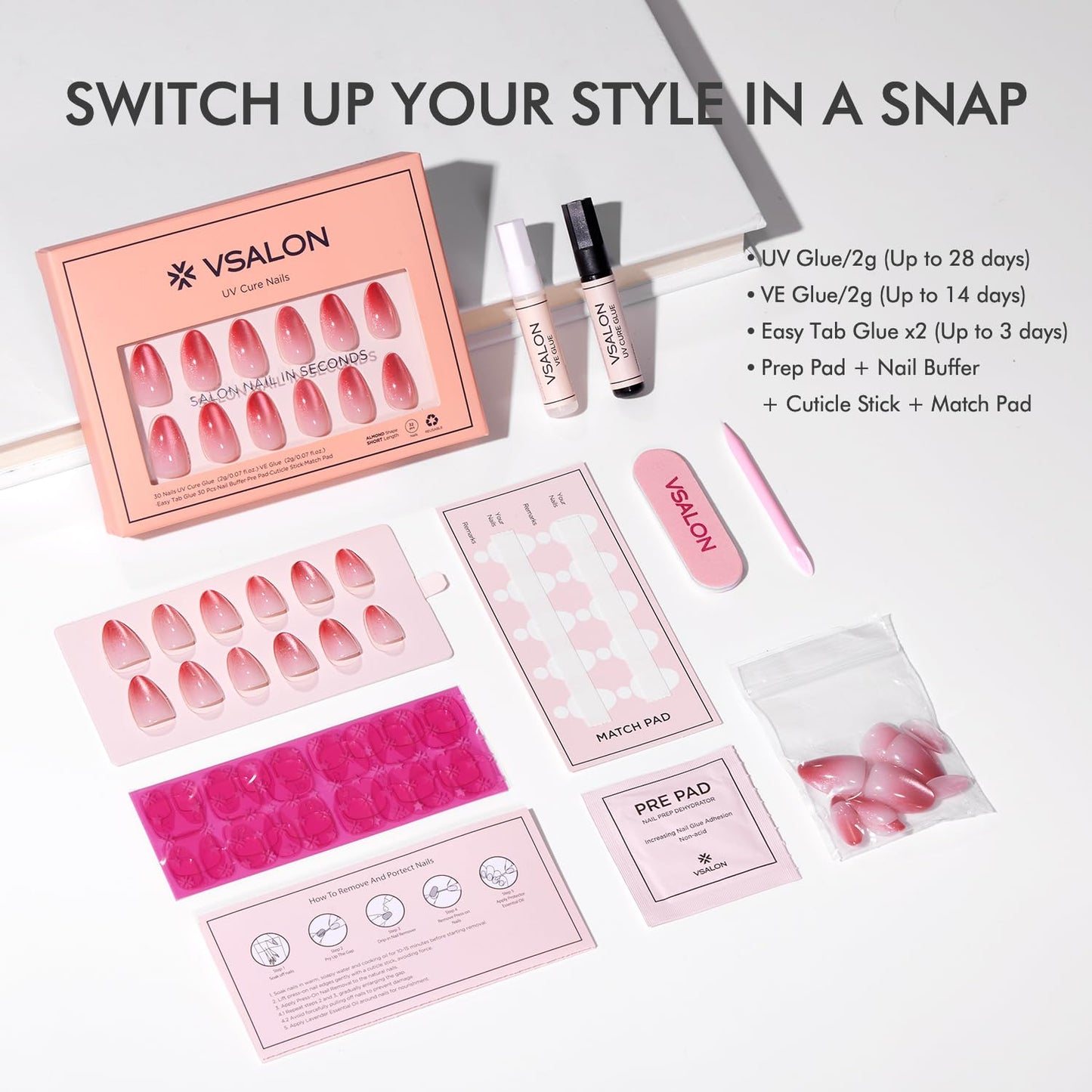 VSALON Press On Nails Short Almond, Pink Cat Eye Ombre Fake Nails Kit & Lamp