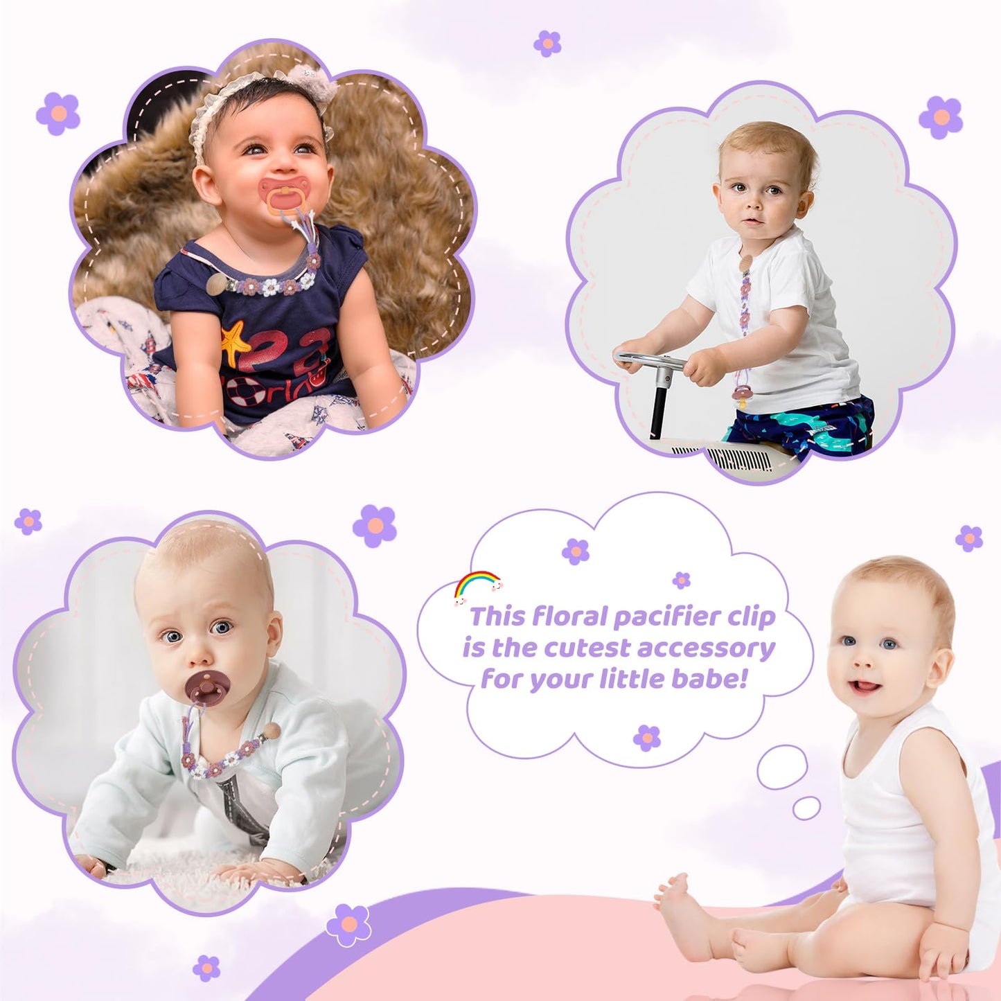 Symbolife Pacifier Clip for Boys Girls Floral Daisy Macrame Baby Paci Clip Pacifier Holder Leash Boho Wooden Clips Handmade Braided Cotton Binky Clips (2pack:Lavender Style × 2)