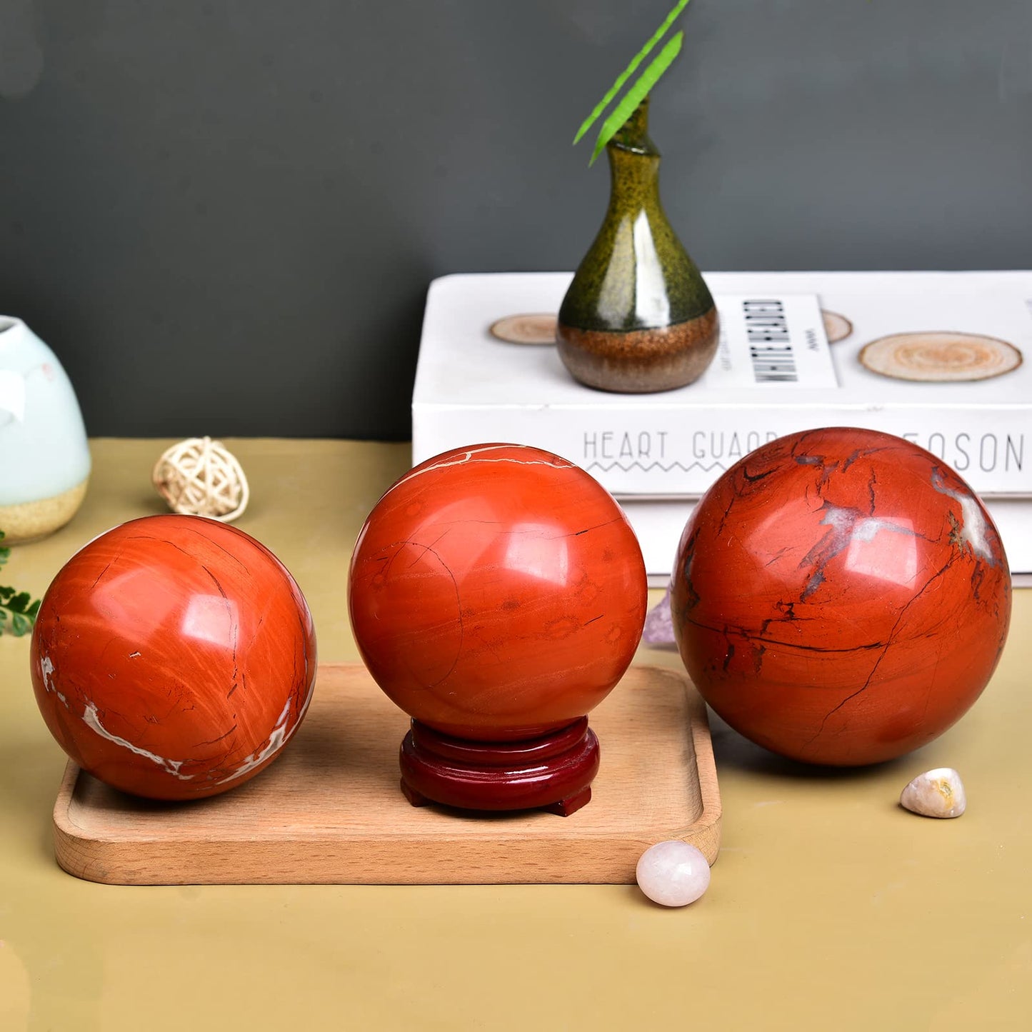 JIC Gem Red Jasper Crystal Ball Natural Quartz Crystal Sphere Stone Ball with Wooden Base (70-80mm)