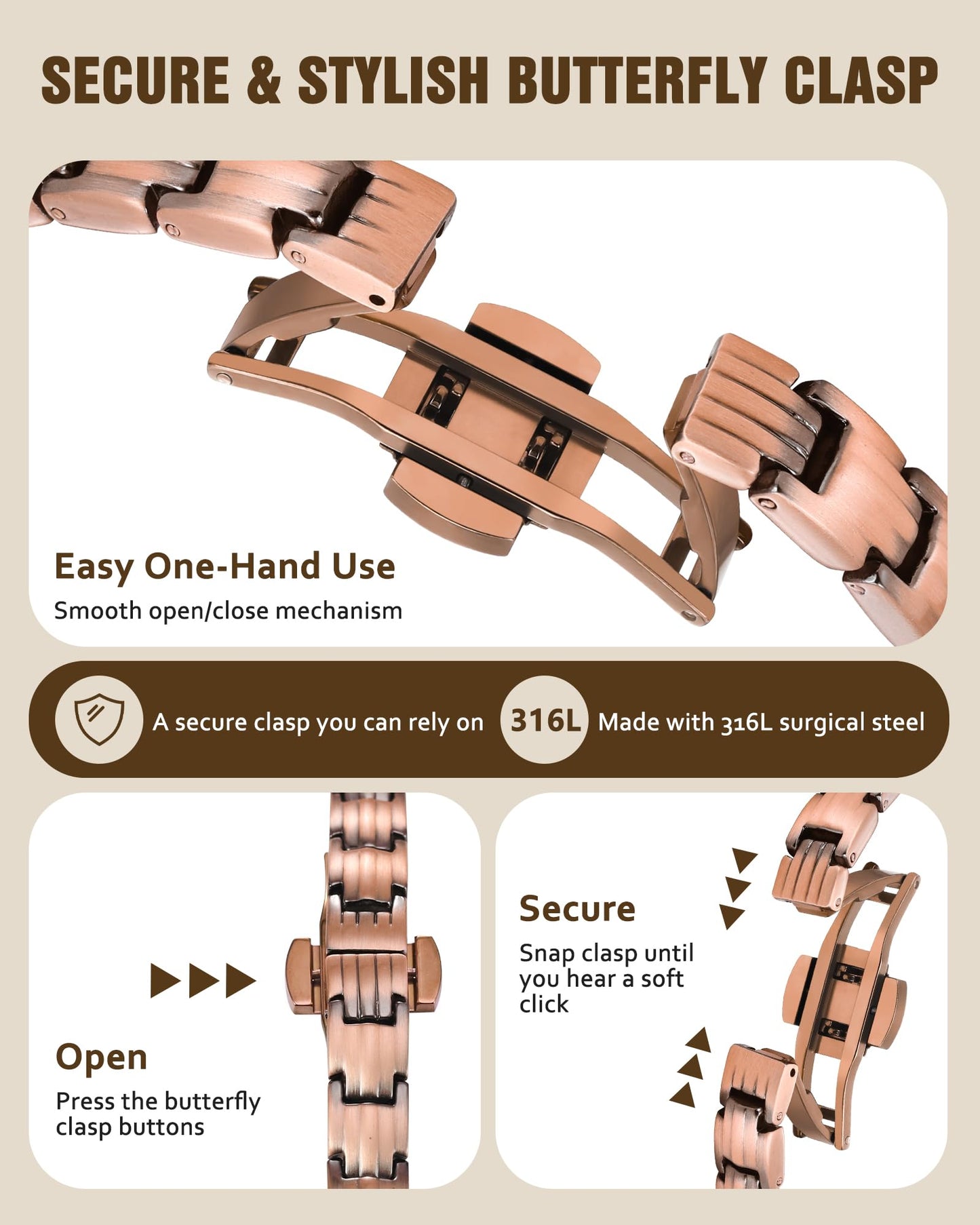 Jecanori 5X Strength Magnetic Copper Bracelet for Women —Updated 5,000 Gauss Ellipse Magnets — Premium Butterfly Clasp & Adjustable Length