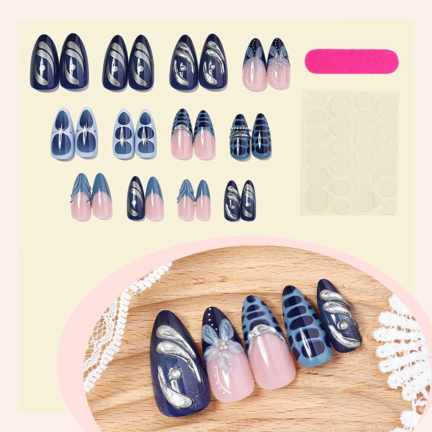 RUOKEXIN Almond Press on Nails French Tip Fake Nails Medium False Nails with 3D Flower Designs Blue Spring Nail Press ons Sparkly Artificial Nails for Women 24Pcs