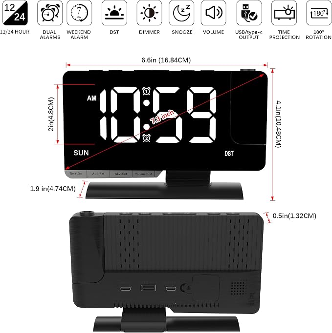 Lamisola Projection Alarm Clock for Bedroom Ceiling, Black Digital Clock