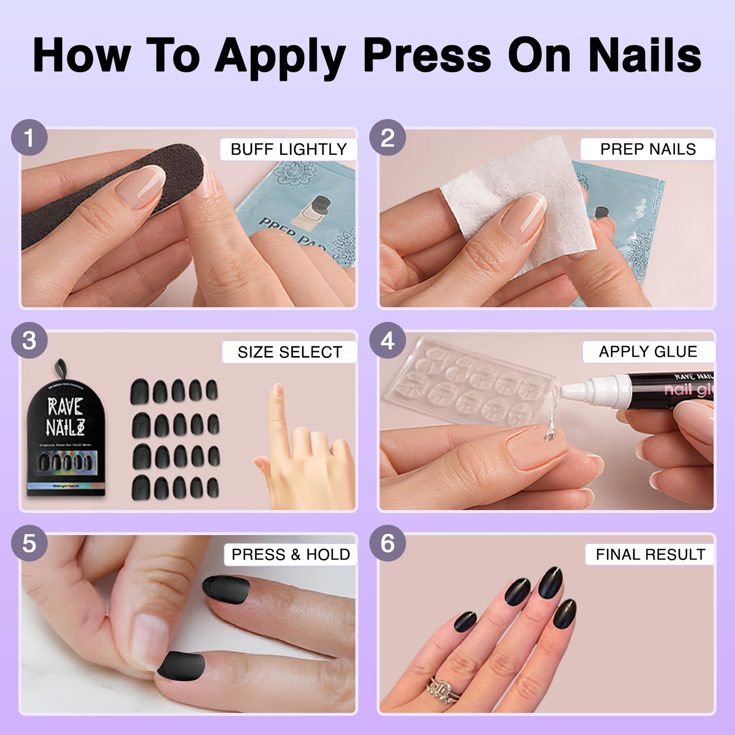 Rave Nailz Midnight French Tip Press On Nails (24 Count) | Matte Black 3D False Oval Press On Nail Short with Glossy Tip | Chip-Resistant Fake Nails with Glue, Includes File, Long-Lasting 2+ Weeks