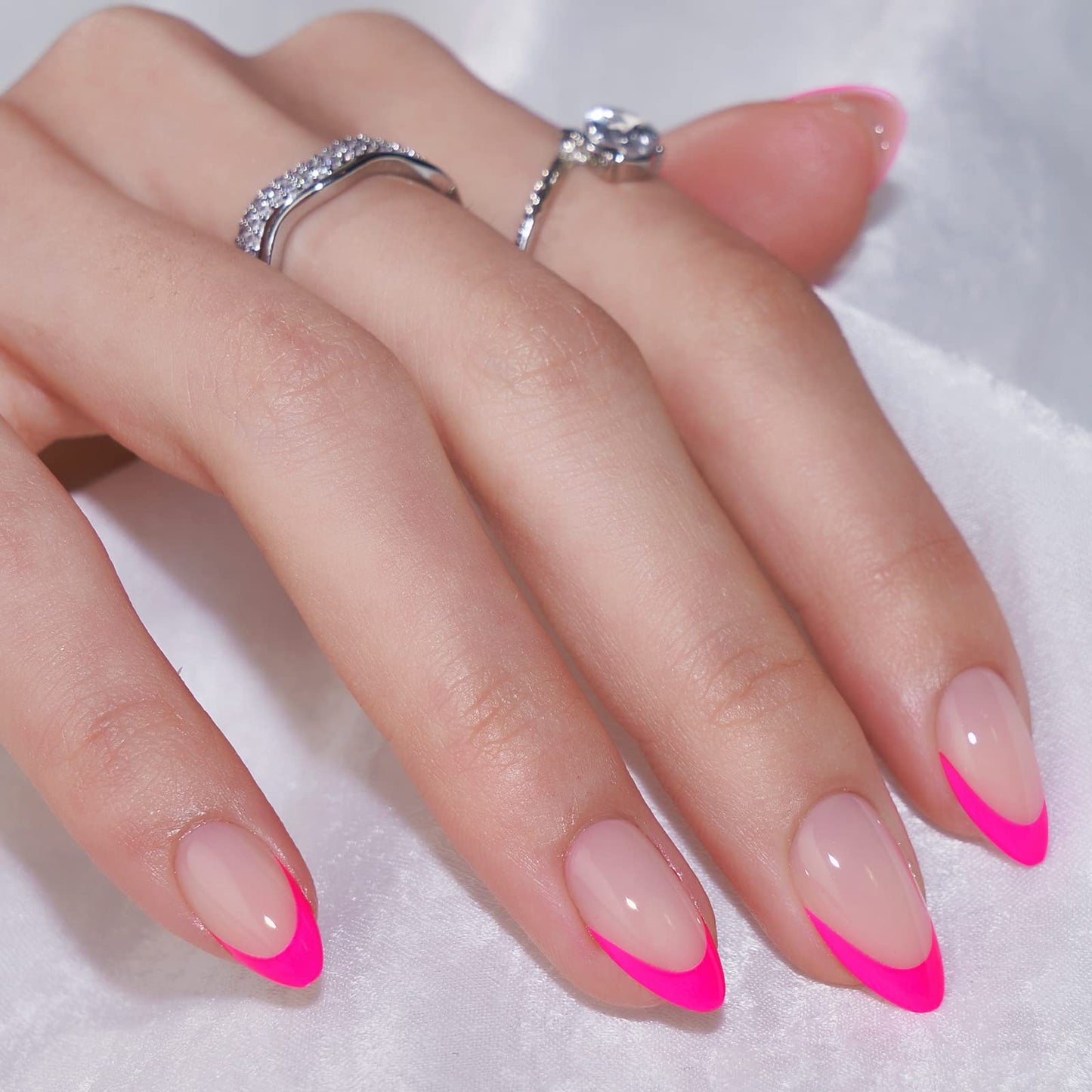 BTArtbox French Tip Press On Nails - Almond Stick On Nails for Women, Glue On Nails with Nail Glue, Berry French & Dazzling Pink
