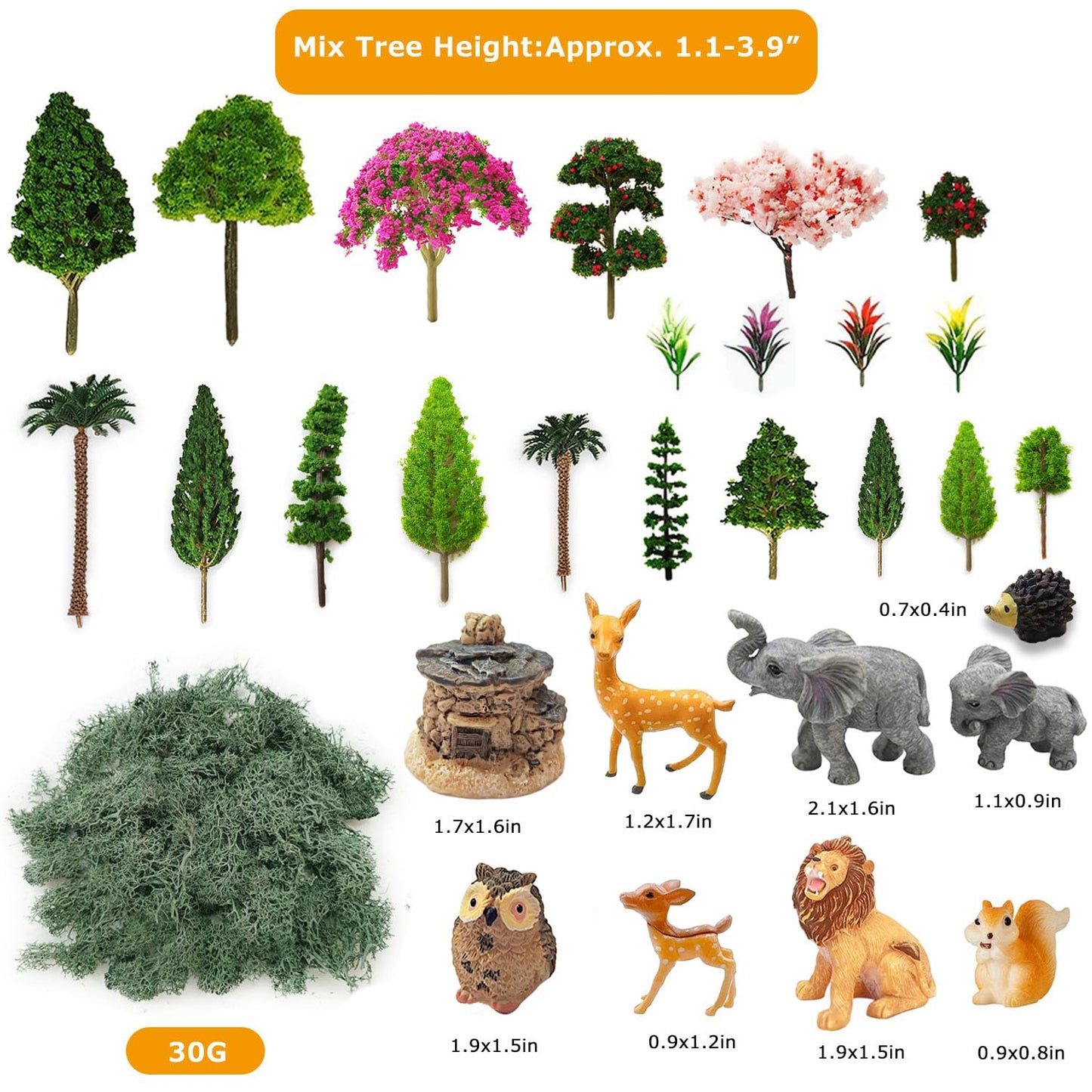 OrgMemory 45 Pcs Animal Tree, Moss, Forest Animals Figures, Plastic Trees for Projects, Model Train Scenery with No Bases, Miniature Trees Diorama Hobby Train Scenery