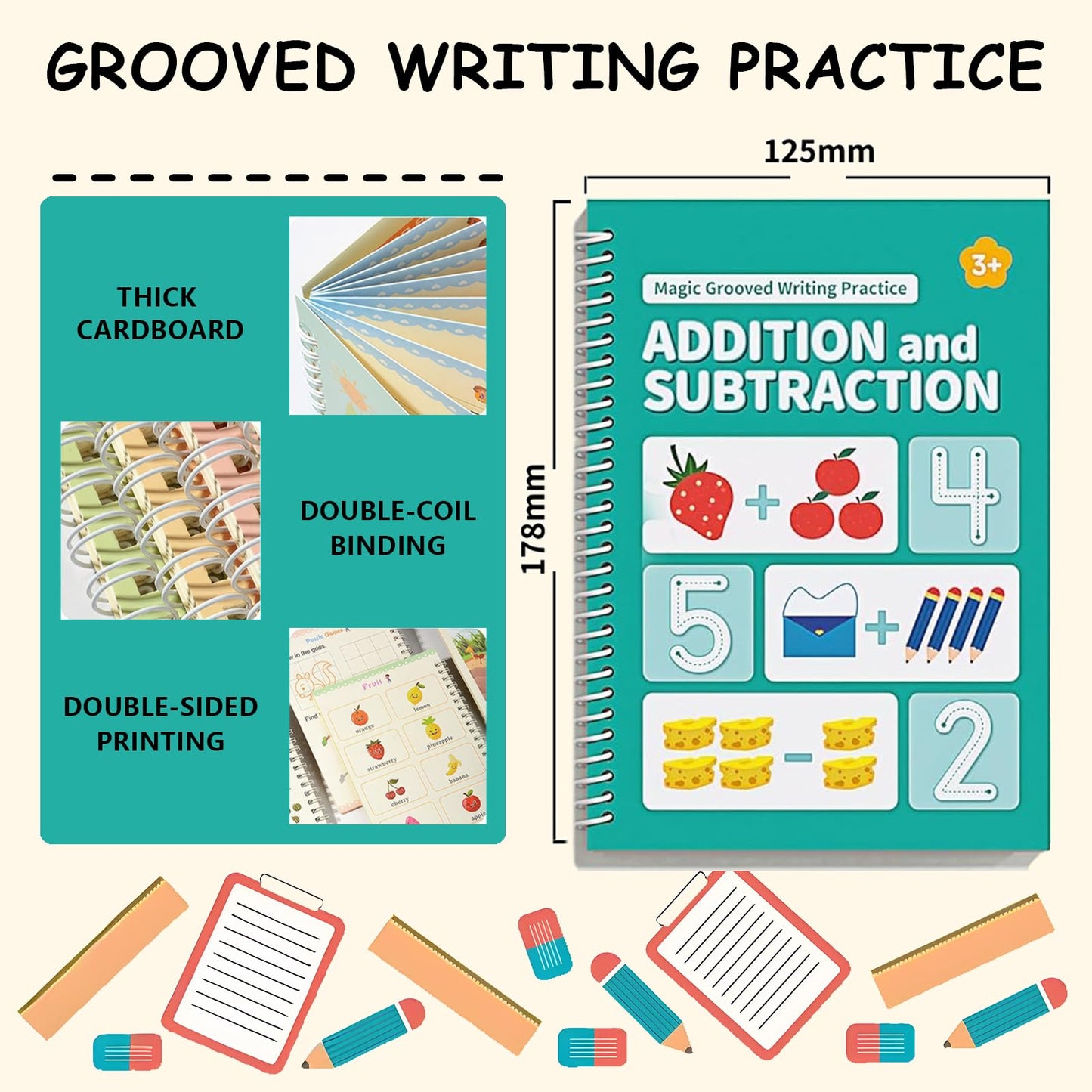Tracetrek Workbook, Trace Trek Workbook Set - Magic Grooved Writting Practice, Reusable Grooved Handwriting Workbooks, Letter and Number Tracing Book (2pc)