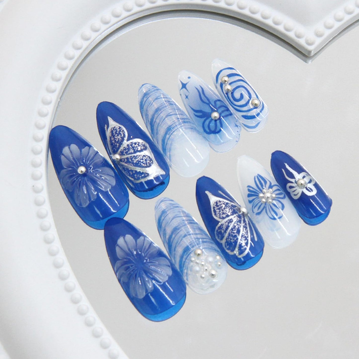 24Pcs Blue Flowers Press on Nails Medium Almond Fake Nails Blue Deep Sea Butterfly, Pearl Shell Pattern Cute Floral Nail Art False Nails Almond-Shaped Stick on Nails Reusable Artificial Nail for Women