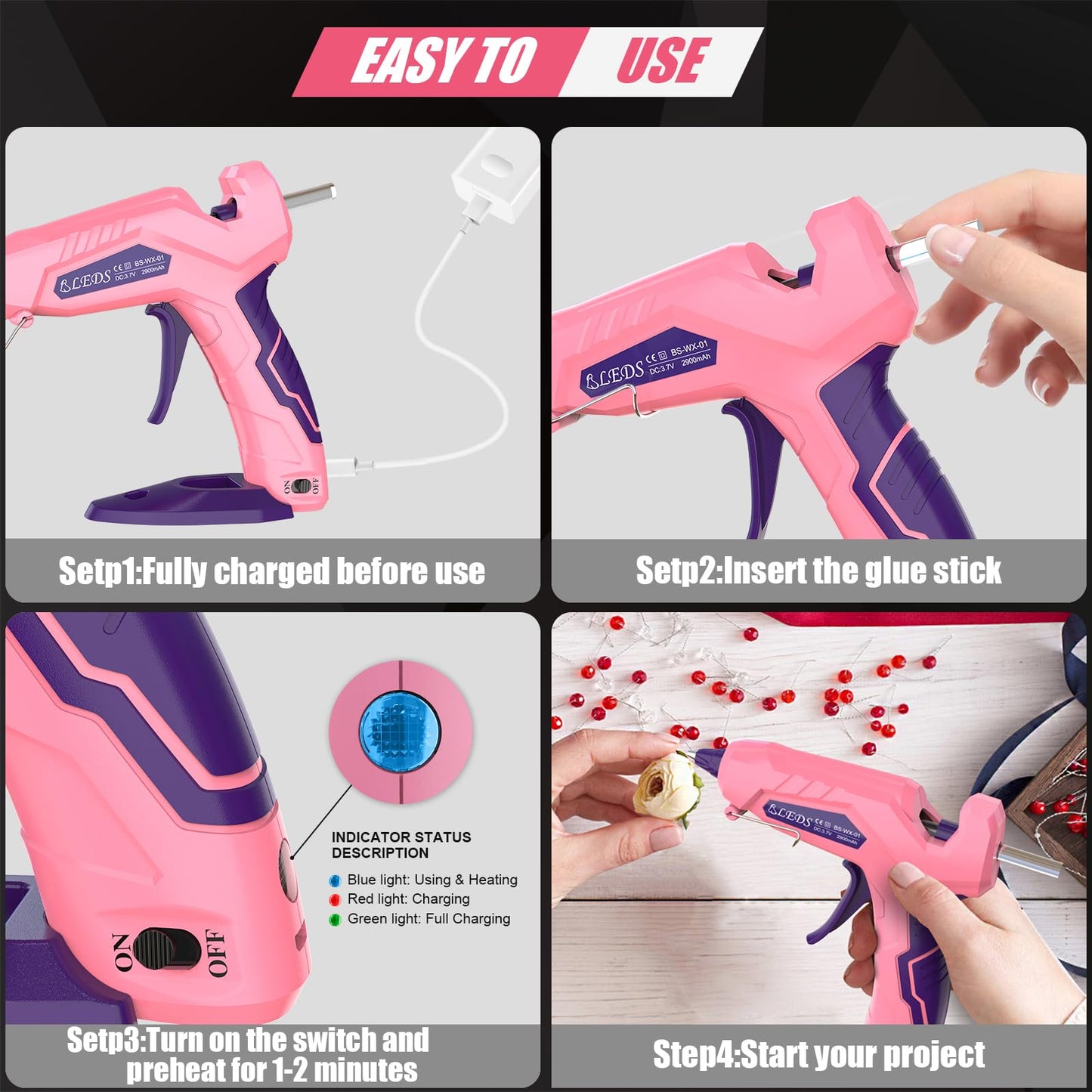 BLEDS Cordless Hot Glue Gun, Fast Preheating Mini Glue Gun Kit with 30 Glue Sticks & Storage Case, 2900mAh Rechargeable Anti-Drip Wireless Glue Gun for DIY Crafts, Home Repairs and School Projects