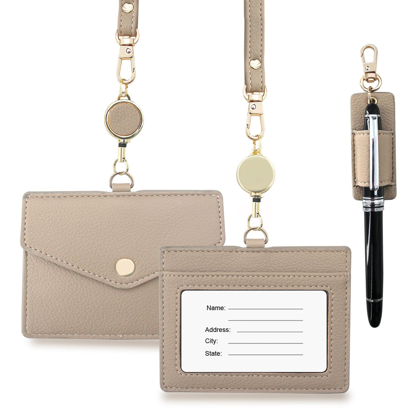 Office Badge Holder - Boshiho Genuine Leather Credit ID Card Holder with Stretch Neck Lanyard and Pen Clip, Gift Box (Horizontal-Light Brown)