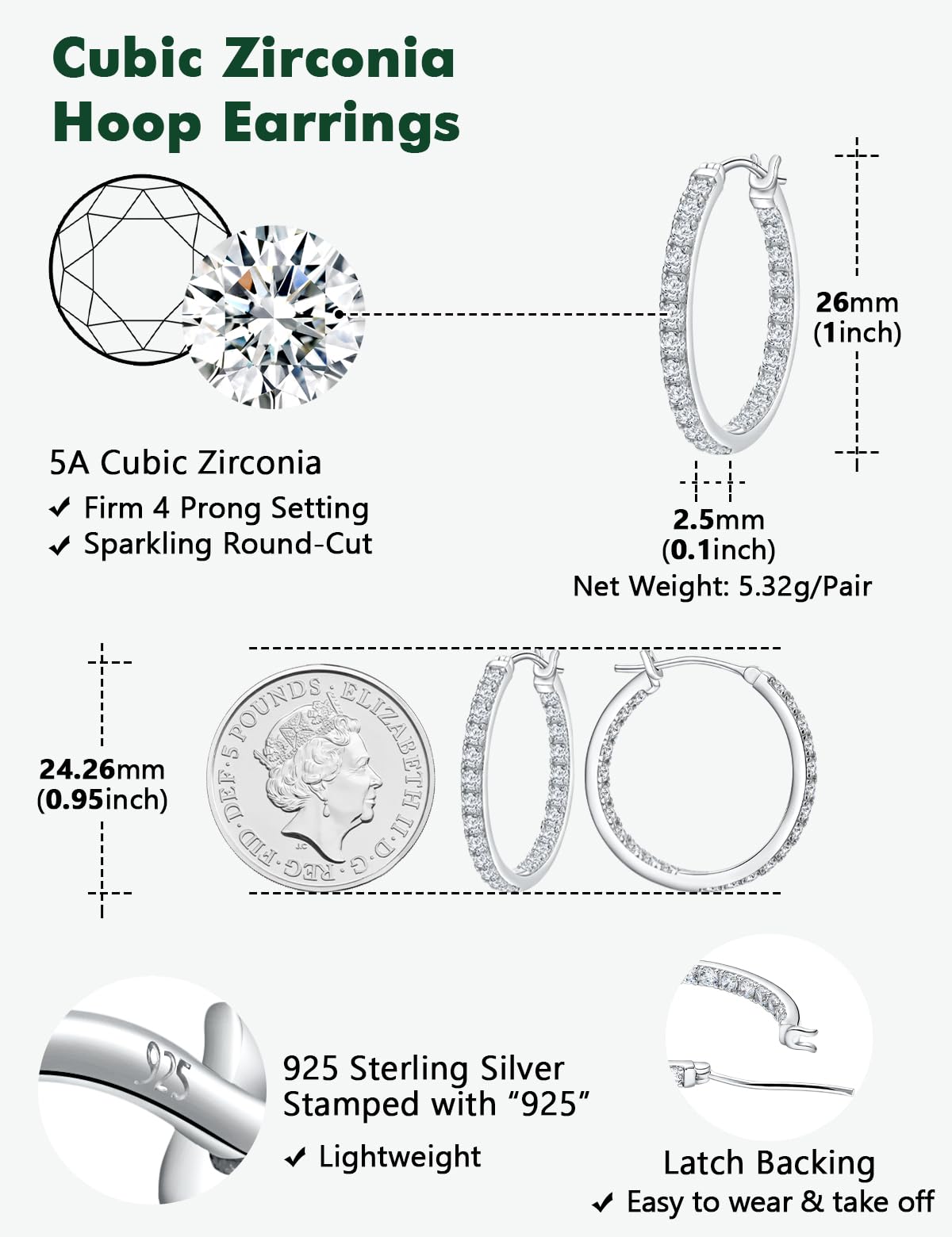 RANDES Sterling Silver Hoop Earrings for Women Cubic Zirconia Hoops 26mm Medium Hoop Earrings CZ Wedding Earring Trendy Jewelry