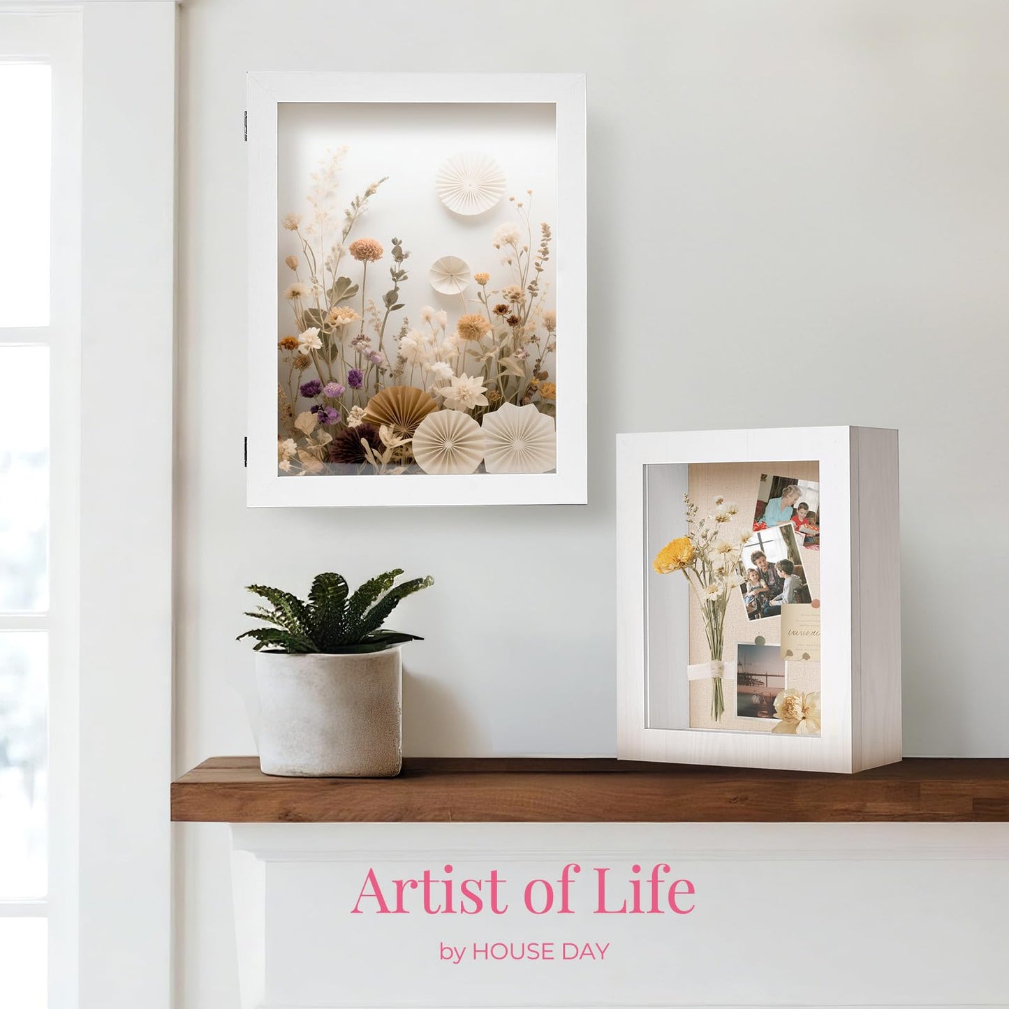 HOUSE DAY Shadow Box Frame 8x10, Front Open Magnetic Shadow Boxes Display Cases with Linen Back, Pins, for Photos or 3D Itmes Under 6x8, Tabletop or Wall Mount Display Case for Memorabilia, White