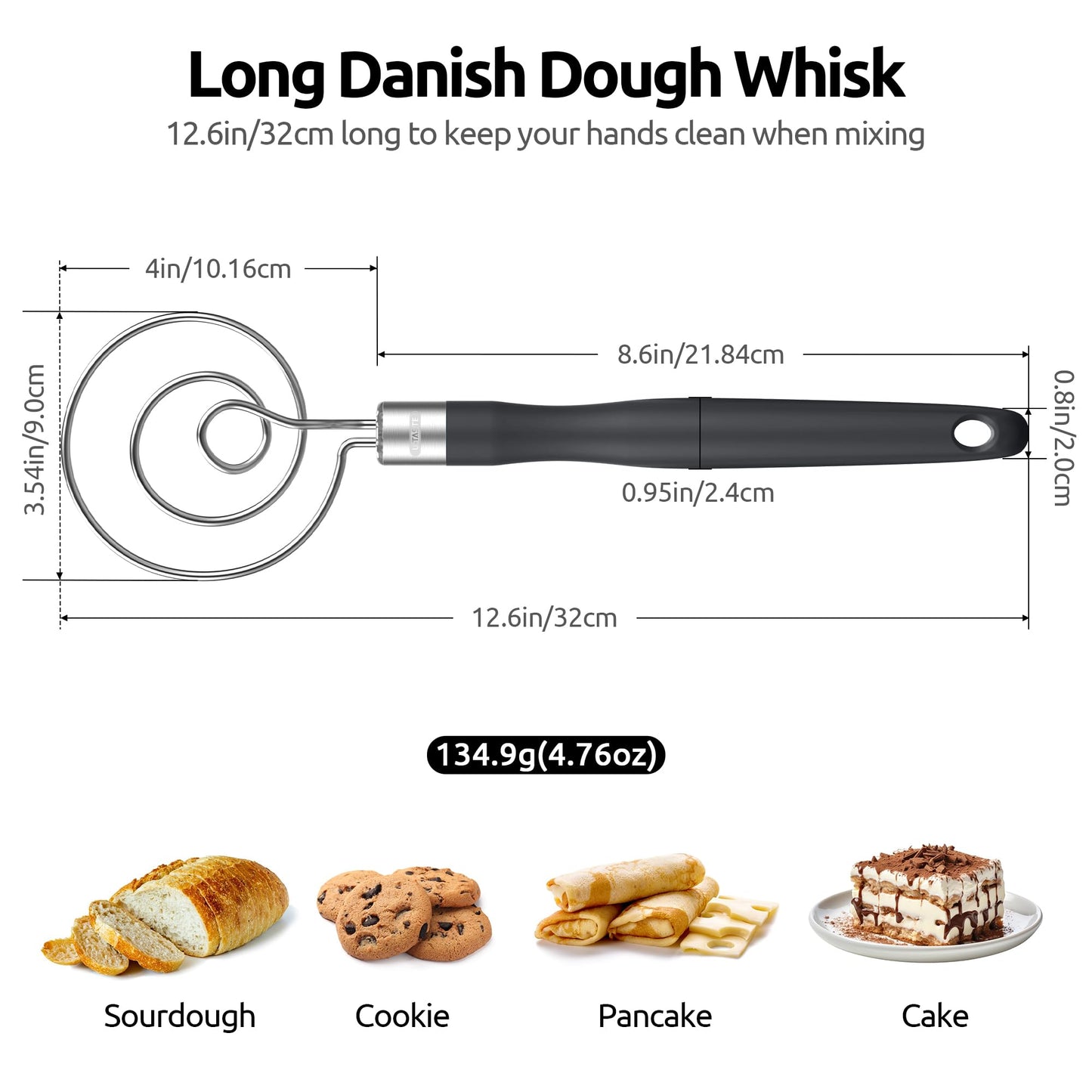 U-Taste 12.6" Danish Dough Whisk: 18/8 Stainless Steel Heavy-Duty Sourdough Mixer Tool, Food Grade Dutch Style Seamless Bread Wisk, Sturdy for Mixing, Stirring, Pressing, Kneading Thick Batter (Black)