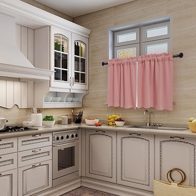 Pickluc Cafe Half Window Tier Curtain - 24" Length, Rod Pocket Kitchen Curtain, Blackout Curtain for Small Window, 30" Wide x 24" Long, 2 Panels, Powder Pink