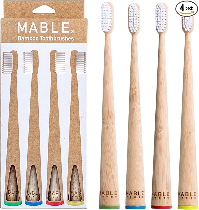 MABLE Four Pack Bamboo Toothbrush for Adult | Medium Bristle Natural Wood Toothbrushes | Eco-Friendly, BPA Free, Compostable Tooth Brush