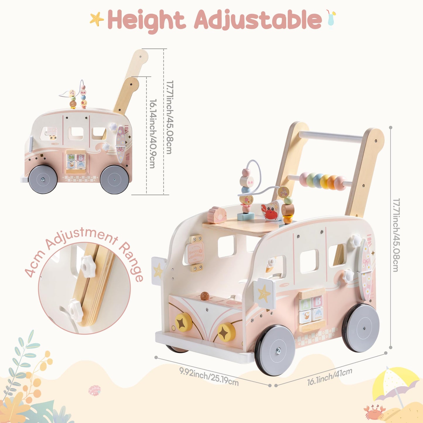 ROBOTIME Wooden Baby Walker, Baby Push Walker, Activity Center Toys, Ajustable Speed Multi-Functional Baby Walker with Wheels for Babies Learning to Walk (Pink)