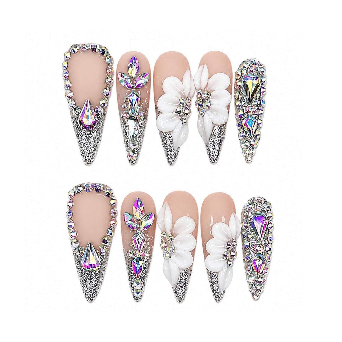 Handmade Press on Nails Long Stiletto - Glamorous Silver Glitter & Rhinestone Fake Nails, Luxury 3D White Flower False Nails, 10 Pcs for Women (Size M)
