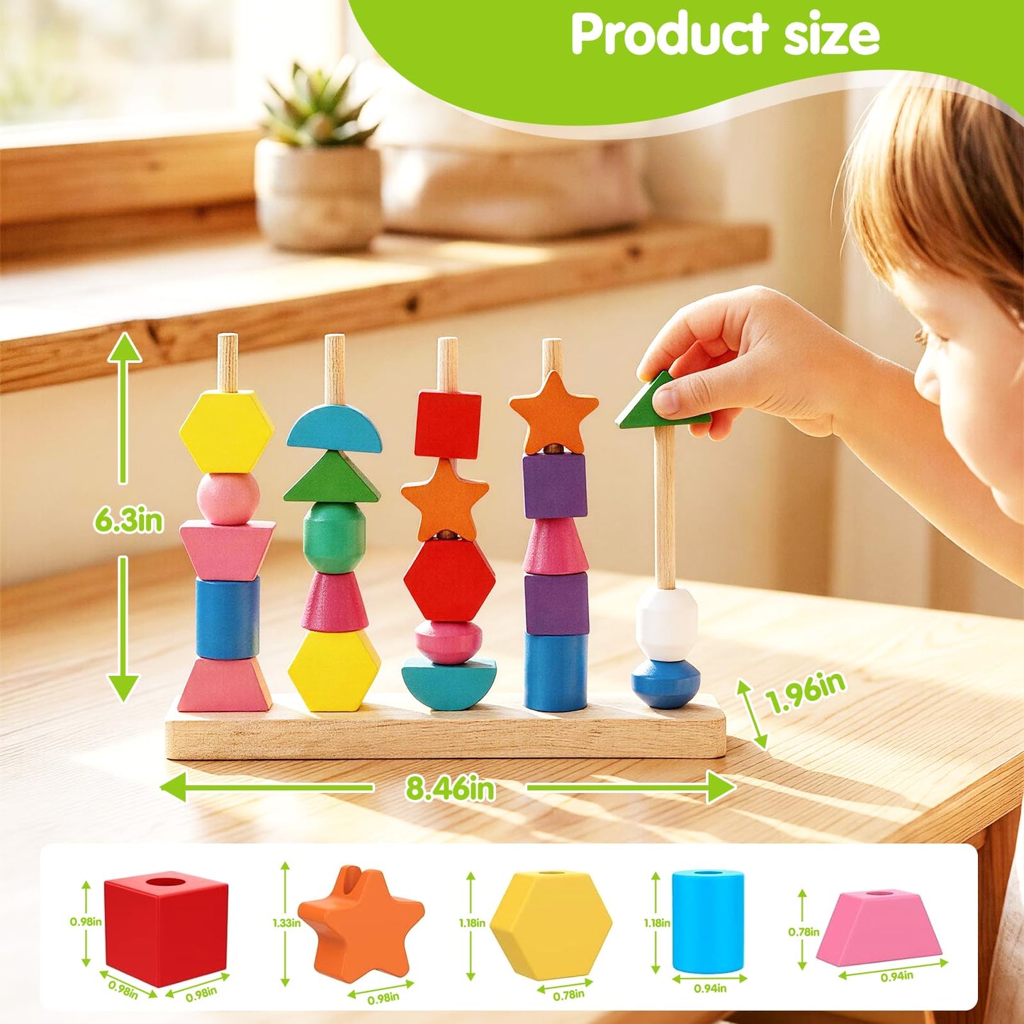 JRUXJWI Montessori Wooden Threading Beads Set for Toddlers 3 4 5, Bead Sequencing & Stacking Toy with Pattern Cards, Lacing Beads, Shape Matching Stacker, Fine Motor STEM Learning Gift