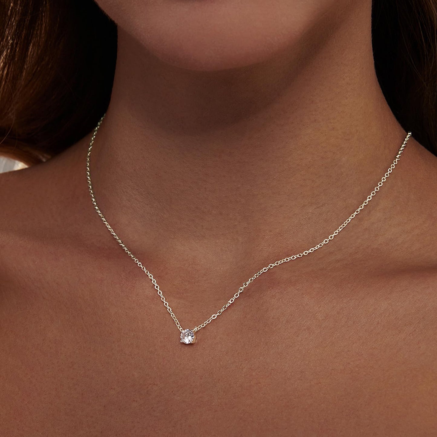 Zeffy Silver Dainty Pendant Necklace, Simple Silver CZ Diamond Choker, 16"+2" Extender, Perfect for Women