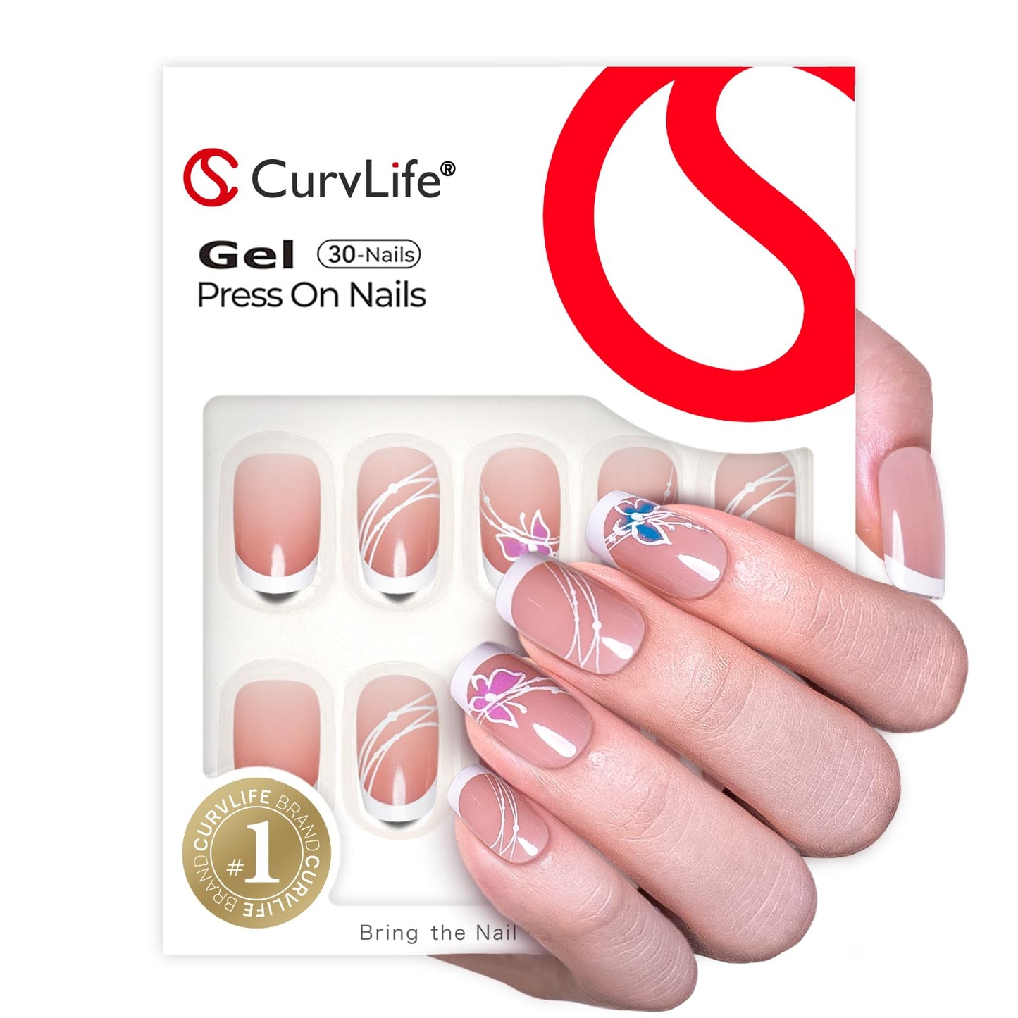 CurvLife Short Press on Nails, 30pcs Acrylic Fake Nails with Design Butterfly Style Full Cover False Nails for Women Reusable Kit with Nail Glue Adhesive Tabs Nail File